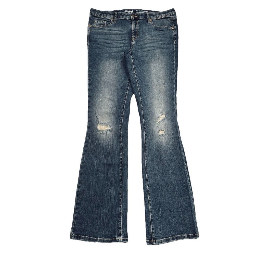 Mossimo Mid Rise Skinny Boot Jeans 6/28 (31x31.5) Blue Distressed Stretch Womens
